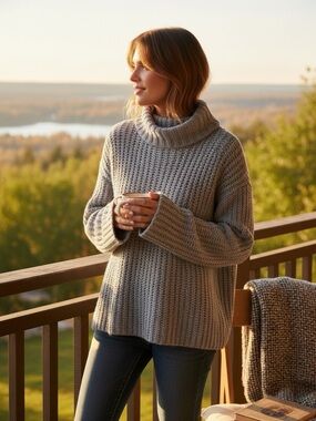 Valette Wool Blend Chunky Gray Knit Sweater Women’s Size M Oversized Relaxed Fit